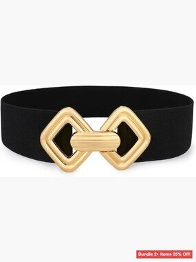 Wide Elastic Belt with Gold Buckle for Dresses, Fits Waist 33-36 Inches